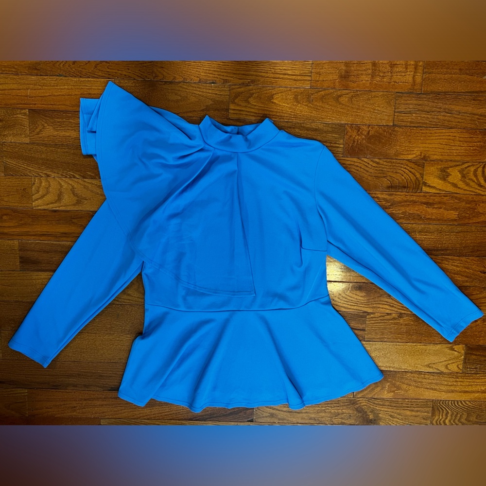 Ashley Stewart Blue Peplum Polyester Blouse with Half Ruffle Shoulder Flap - Wom